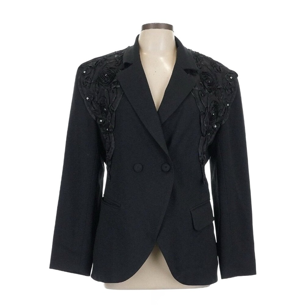 Biya Black Double Breasted Blazer Floral Shoulder Applique‎ Rhinestone Accents